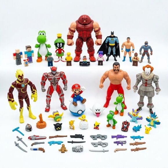 None Other - Huge Mixed Toy Action Figure Lot Mario Pokemon Marvel DC Roblox Wrestling WWE